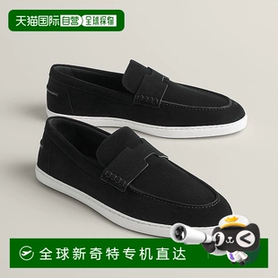 1h可退 欧洲直邮Hermes/爱马仕 男士黑色绒面山羊皮乐福鞋